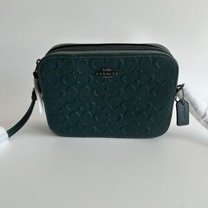 Coach Mini Jamie Forest Green Signature Debossed Leather Camera Bag NEW